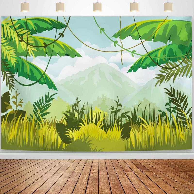 HABOKE Safari Birthday Decorations 7x5ft Ployester Fabric Photography Backdrop Green Spring Forest Jungle Party Background Banner Supplies Baby Shower Decorations - Image 1